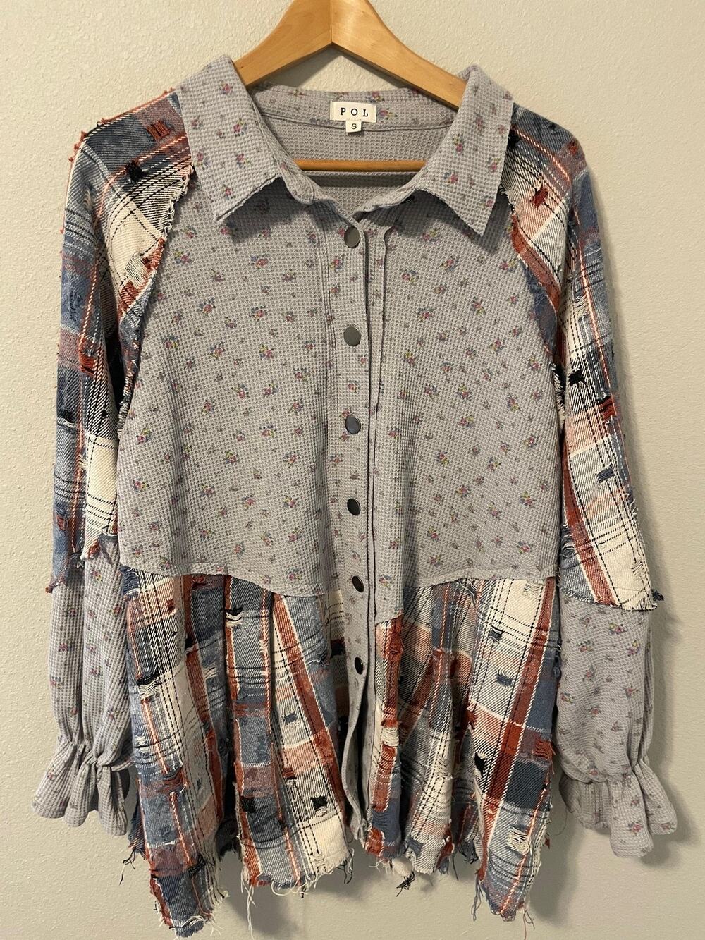 POL Tunic Womens Small Multicolor Plaid Floral Button Up Raw Hem Relaxed Boho